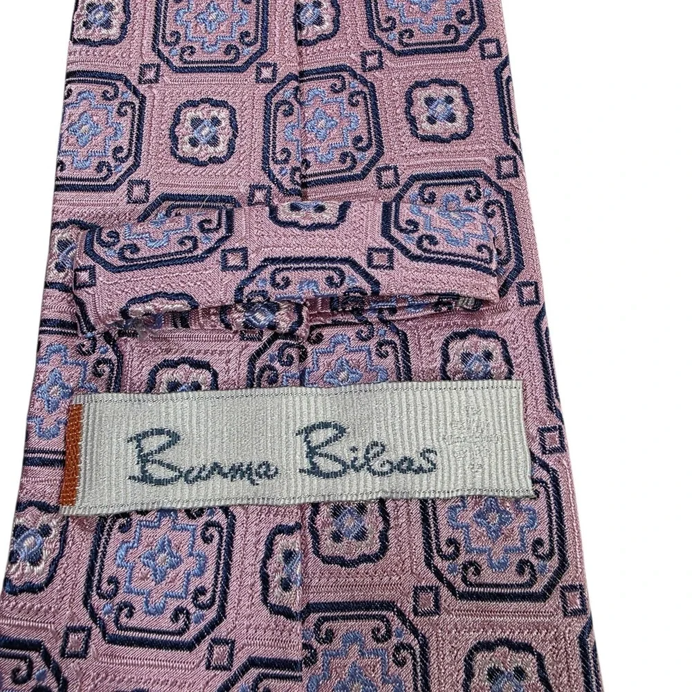 Burma Bibas Silk Mens Geometric Pattern Necktie Pink Blue Designer Easter Church